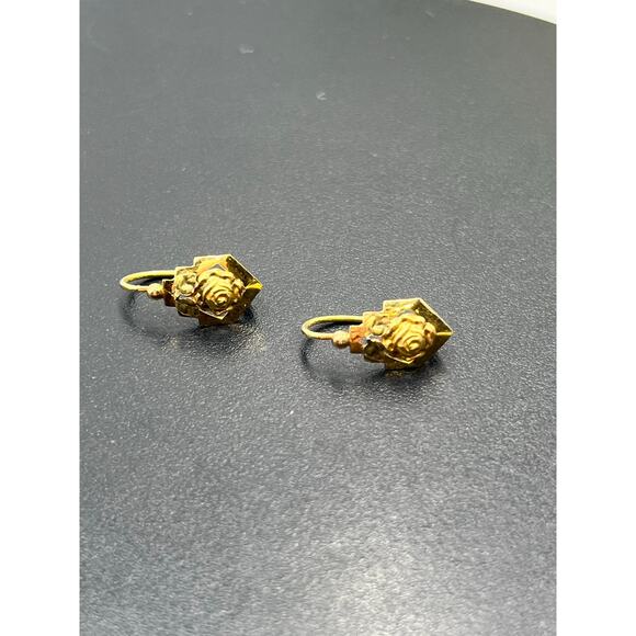 Designer Signed Vintage 18k Yellow Gold Flower Floral Dangle Drop Hook Earrings - Picture 14 of 15